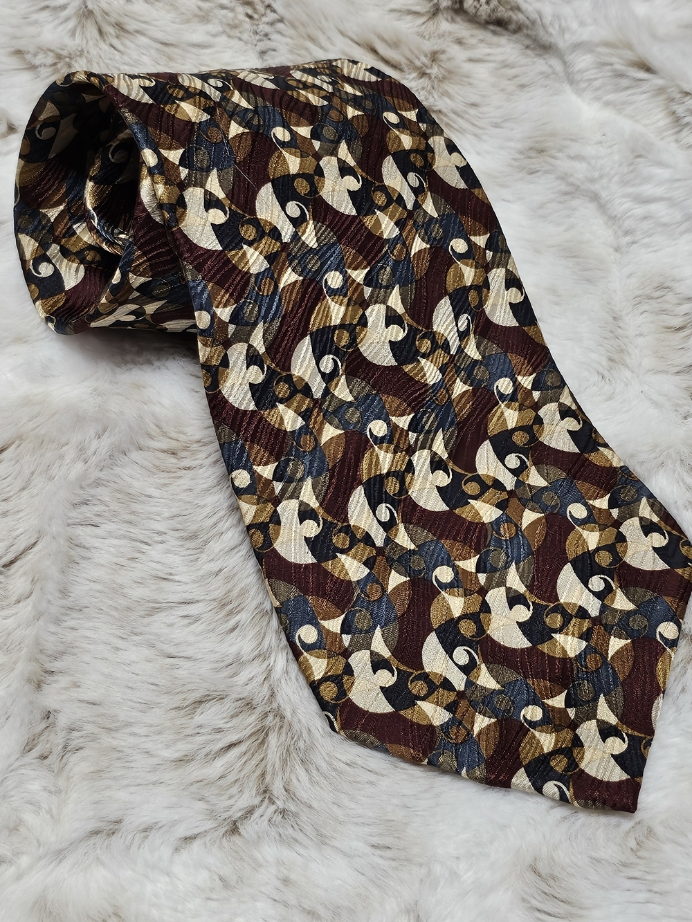 Jhane Barnes 100% Silk Abstract Geometric Tie Italy Brown Blue Gold